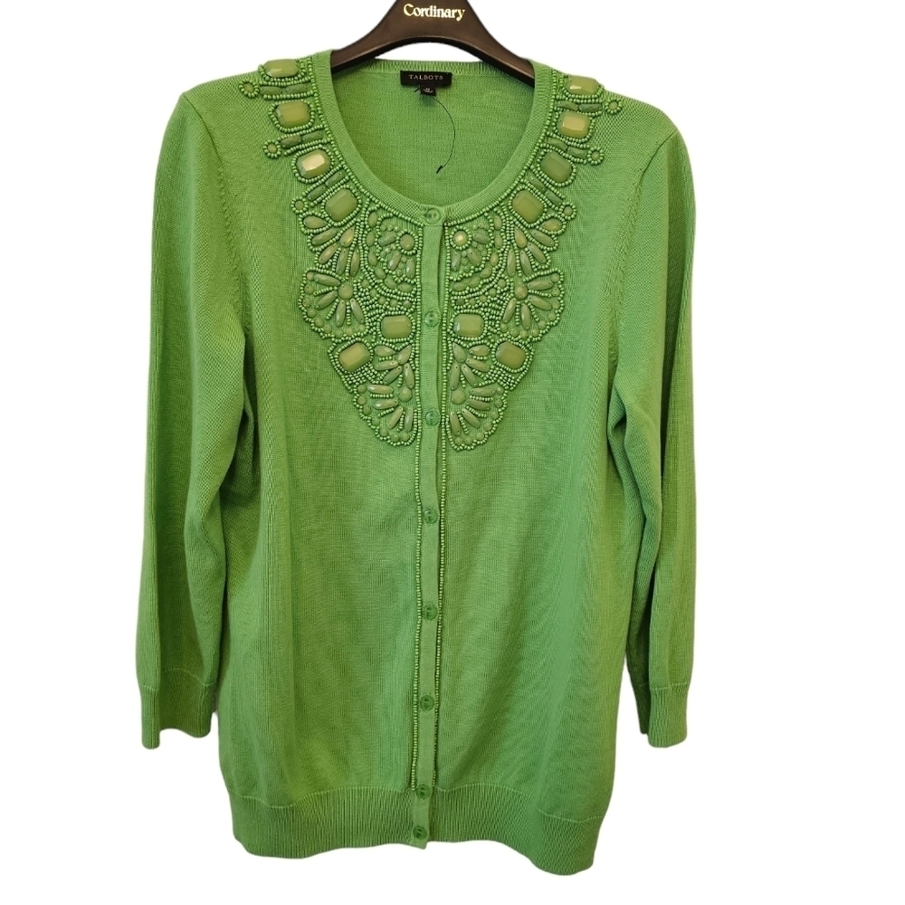 Talbots Medium Cotton Blend Apple Green Beaded Knit Cardigan